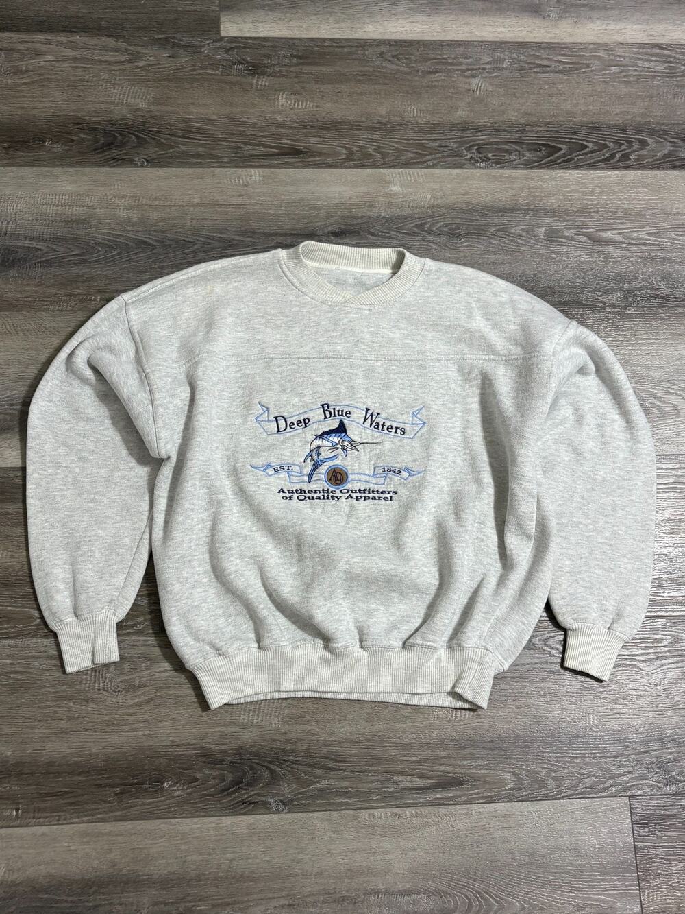 Vintage 90s Deep Blue Waters Embroidered Fishing Crewneck Nature - Men’s Large